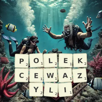 Kreatywna ilustracja do gry w Scrabble ze słowem POLEKCEWAZYLI ułożonym z płytek na planszy.