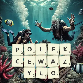 Kreatywna ilustracja do gry w Scrabble ze słowem POLEKCEWAZYLO ułożonym z płytek na planszy.