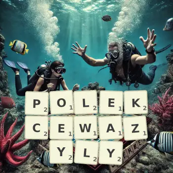 Kreatywna ilustracja do gry w Scrabble ze słowem POLEKCEWAZYLY ułożonym z płytek na planszy.