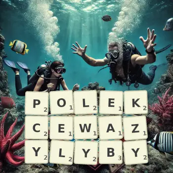 Kreatywna ilustracja do gry w Scrabble ze słowem POLEKCEWAZYLYBY ułożonym z płytek na planszy.