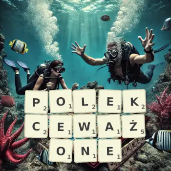 Kreatywna ilustracja do gry w Scrabble ze słowem POLEKCEWAŻONE ułożonym z płytek na planszy.