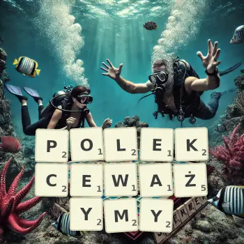 Kreatywna ilustracja do gry w Scrabble ze słowem POLEKCEWAŻYMY ułożonym z płytek na planszy.
