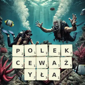 Kreatywna ilustracja do gry w Scrabble ze słowem POLEKCEWAŻYŁA ułożonym z płytek na planszy.