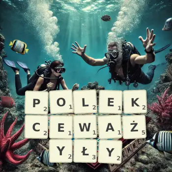 Kreatywna ilustracja do gry w Scrabble ze słowem POLEKCEWAŻYŁY ułożonym z płytek na planszy.