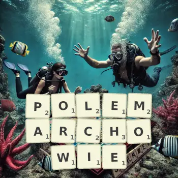 Kreatywna ilustracja do gry w Scrabble ze słowem POLEMARCHOWIE ułożonym z płytek na planszy.