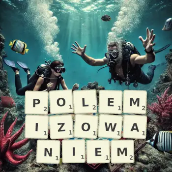 Kreatywna ilustracja do gry w Scrabble ze słowem POLEMIZOWANIEM ułożonym z płytek na planszy.