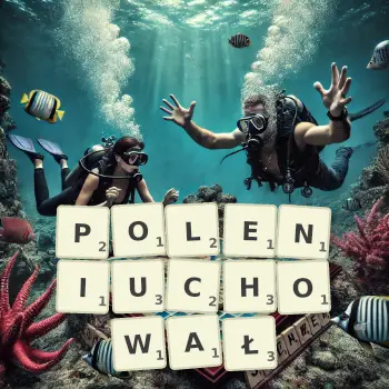 Kreatywna ilustracja do gry w Scrabble ze słowem POLENIUCHOWAŁ ułożonym z płytek na planszy.