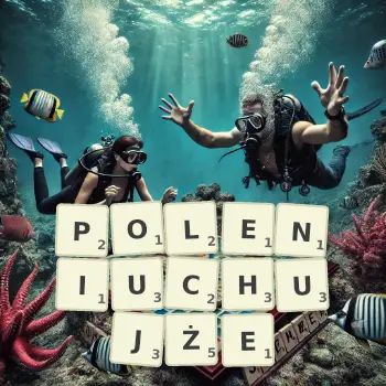 Kreatywna ilustracja do gry w Scrabble ze słowem POLENIUCHUJŻE ułożonym z płytek na planszy.