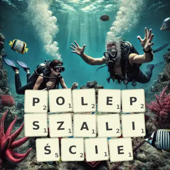Kreatywna ilustracja do gry w Scrabble ze słowem POLEPSZALIŚCIE ułożonym z płytek na planszy.