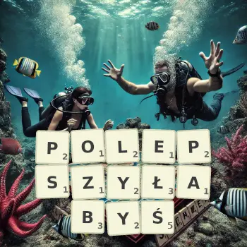 Kreatywna ilustracja do gry w Scrabble ze słowem POLEPSZYŁABYŚ ułożonym z płytek na planszy.