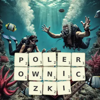 Kreatywna ilustracja do gry w Scrabble ze słowem POLEROWNICZKI ułożonym z płytek na planszy.
