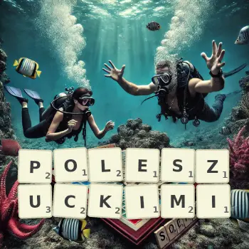 Kreatywna ilustracja do gry w Scrabble ze słowem POLESZUCKIMI ułożonym z płytek na planszy.