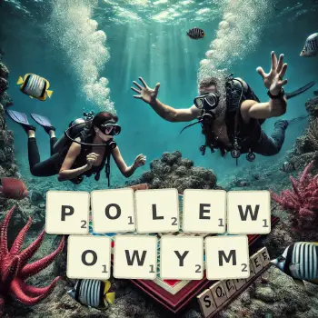 Kreatywna ilustracja do gry w Scrabble ze słowem POLEWOWYM ułożonym z płytek na planszy.