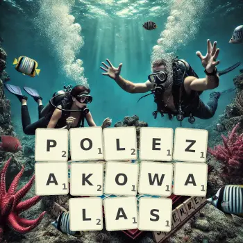 Kreatywna ilustracja do gry w Scrabble ze słowem POLEZAKOWALAS ułożonym z płytek na planszy.
