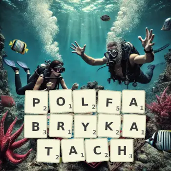 Kreatywna ilustracja do gry w Scrabble ze słowem POLFABRYKATACH ułożonym z płytek na planszy.