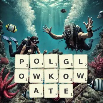 Kreatywna ilustracja do gry w Scrabble ze słowem POLGLOWKOWATE ułożonym z płytek na planszy.