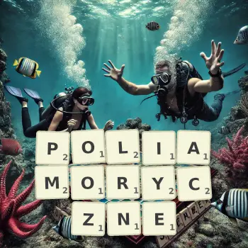 Kreatywna ilustracja do gry w Scrabble ze słowem POLIAMORYCZNE ułożonym z płytek na planszy.