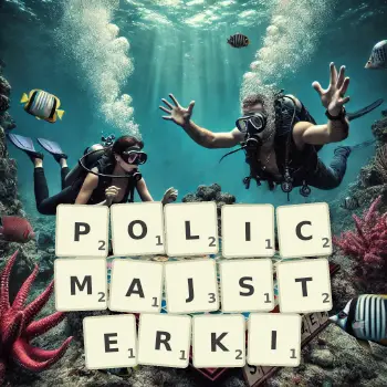 Kreatywna ilustracja do gry w Scrabble ze słowem POLICMAJSTERKI ułożonym z płytek na planszy.