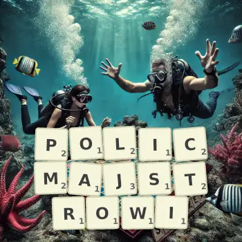 Kreatywna ilustracja do gry w Scrabble ze słowem POLICMAJSTROWI ułożonym z płytek na planszy.