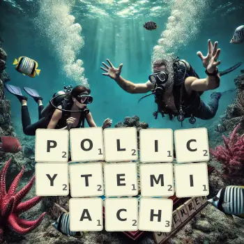 Kreatywna ilustracja do gry w Scrabble ze słowem POLICYTEMIACH ułożonym z płytek na planszy.