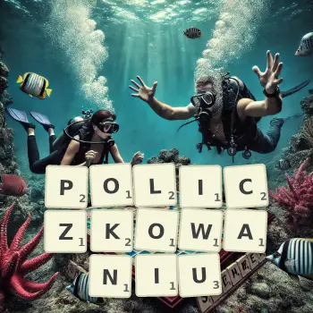 Kreatywna ilustracja do gry w Scrabble ze słowem POLICZKOWANIU ułożonym z płytek na planszy.