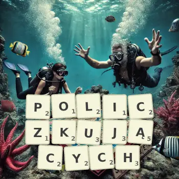 Kreatywna ilustracja do gry w Scrabble ze słowem POLICZKUJĄCYCH ułożonym z płytek na planszy.