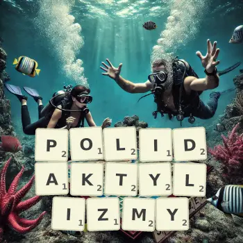Kreatywna ilustracja do gry w Scrabble ze słowem POLIDAKTYLIZMY ułożonym z płytek na planszy.