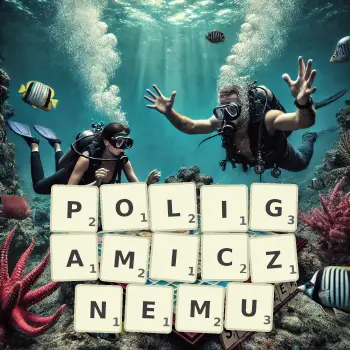 Kreatywna ilustracja do gry w Scrabble ze słowem POLIGAMICZNEMU ułożonym z płytek na planszy.