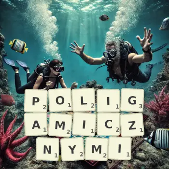 Kreatywna ilustracja do gry w Scrabble ze słowem POLIGAMICZNYMI ułożonym z płytek na planszy.