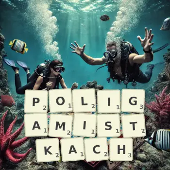 Kreatywna ilustracja do gry w Scrabble ze słowem POLIGAMISTKACH ułożonym z płytek na planszy.