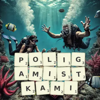 Kreatywna ilustracja do gry w Scrabble ze słowem POLIGAMISTKAMI ułożonym z płytek na planszy.