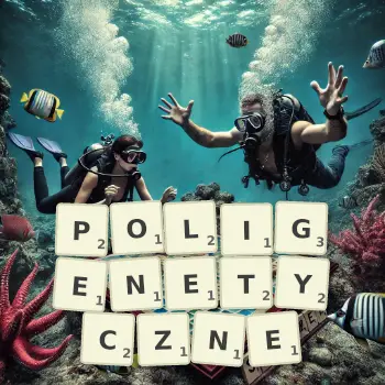 Kreatywna ilustracja do gry w Scrabble ze słowem POLIGENETYCZNE ułożonym z płytek na planszy.