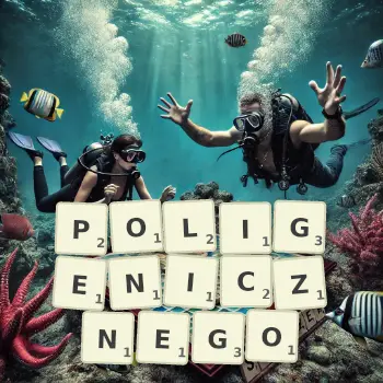 Kreatywna ilustracja do gry w Scrabble ze słowem POLIGENICZNEGO ułożonym z płytek na planszy.