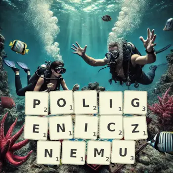 Kreatywna ilustracja do gry w Scrabble ze słowem POLIGENICZNEMU ułożonym z płytek na planszy.