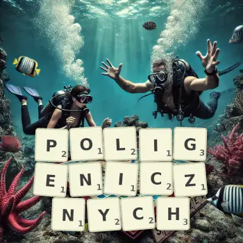 Kreatywna ilustracja do gry w Scrabble ze słowem POLIGENICZNYCH ułożonym z płytek na planszy.
