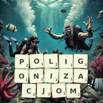 Kreatywna ilustracja do gry w Scrabble ze słowem POLIGONIZACJOM ułożonym z płytek na planszy.