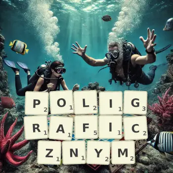 Kreatywna ilustracja do gry w Scrabble ze słowem POLIGRAFICZNYM ułożonym z płytek na planszy.