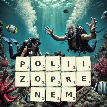 Kreatywna ilustracja do gry w Scrabble ze słowem POLIIZOPRENEM ułożonym z płytek na planszy.
