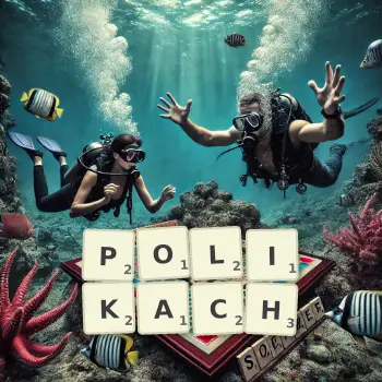 Kreatywna ilustracja do gry w Scrabble ze słowem POLIKACH ułożonym z płytek na planszy.