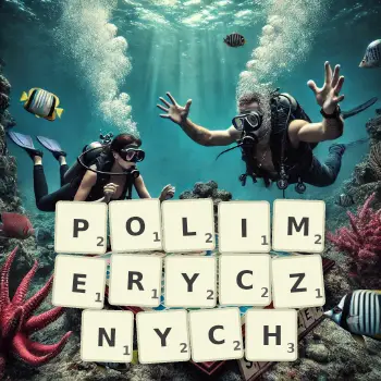 Kreatywna ilustracja do gry w Scrabble ze słowem POLIMERYCZNYCH ułożonym z płytek na planszy.