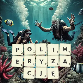 Kreatywna ilustracja do gry w Scrabble ze słowem POLIMERYZACJĘ ułożonym z płytek na planszy.