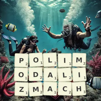 Kreatywna ilustracja do gry w Scrabble ze słowem POLIMODALIZMACH ułożonym z płytek na planszy.