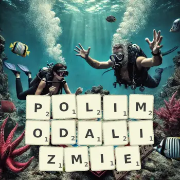 Kreatywna ilustracja do gry w Scrabble ze słowem POLIMODALIZMIE ułożonym z płytek na planszy.