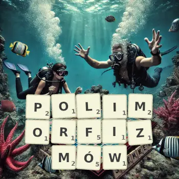Kreatywna ilustracja do gry w Scrabble ze słowem POLIMORFIZMÓW ułożonym z płytek na planszy.