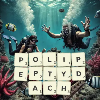 Kreatywna ilustracja do gry w Scrabble ze słowem POLIPEPTYDACH ułożonym z płytek na planszy.