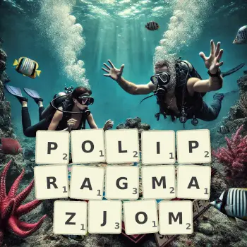 Kreatywna ilustracja do gry w Scrabble ze słowem POLIPRAGMAZJOM ułożonym z płytek na planszy.
