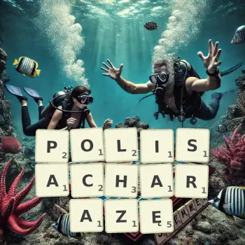 Kreatywna ilustracja do gry w Scrabble ze słowem POLISACHARAZĘ ułożonym z płytek na planszy.