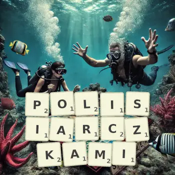 Kreatywna ilustracja do gry w Scrabble ze słowem POLISIARCZKAMI ułożonym z płytek na planszy.