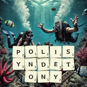 Kreatywna ilustracja do gry w Scrabble ze słowem POLISYNDETONY ułożonym z płytek na planszy.