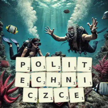 Kreatywna ilustracja do gry w Scrabble ze słowem POLITECHNICZCE ułożonym z płytek na planszy.